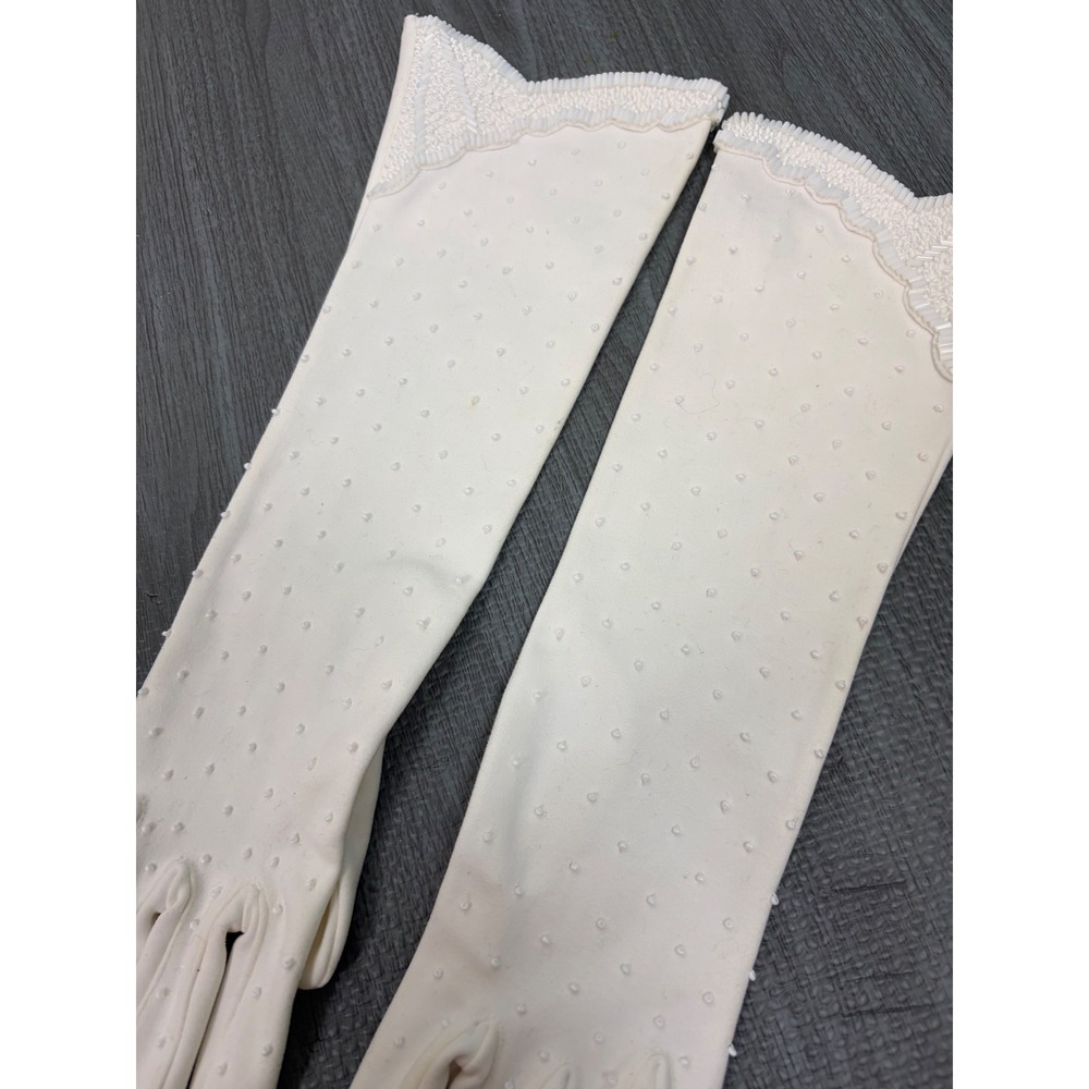 Invicta Opera Gloves 6.5 White Vintage Beaded Cotton Mid Century Formal Wedding - Picture 3 of 13